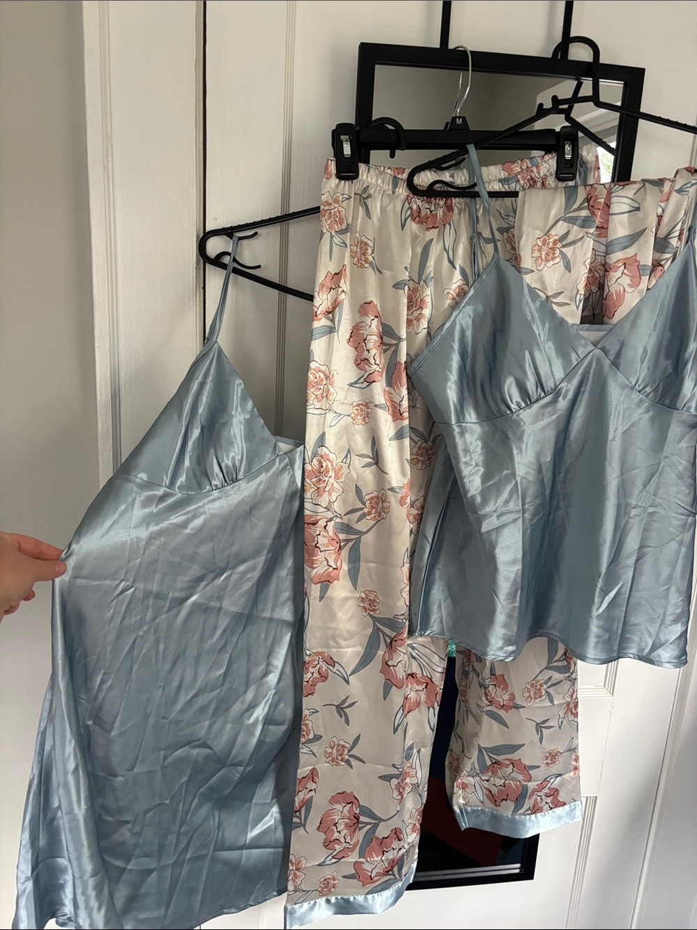 Satin Light Blue Camisole & Floral Slip Set